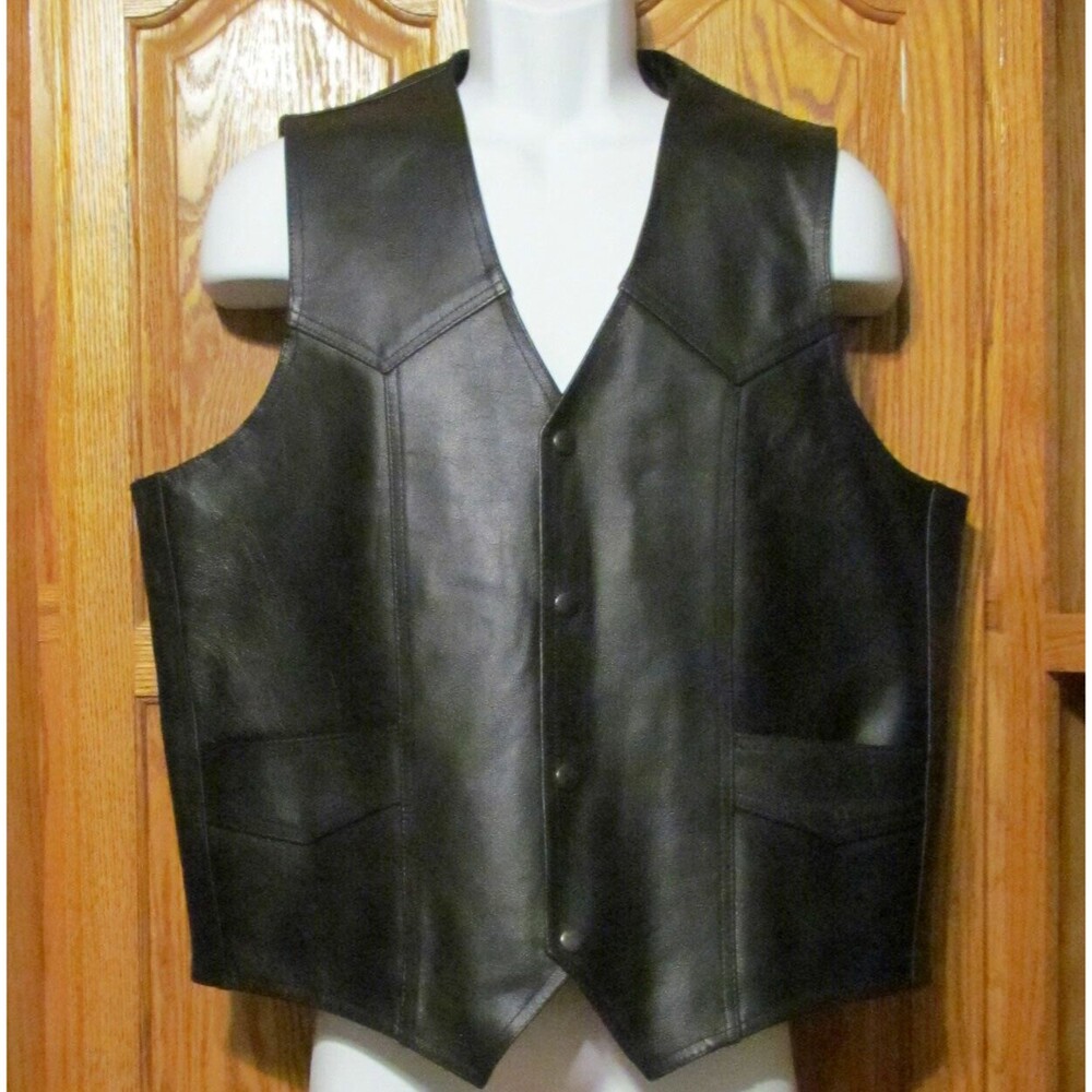 Mens NWT Black Buffalo Leather Snap Front Vest Size 44